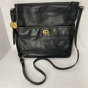 Margot New York Womens Crossbody Purse Black Leather Zip Top Turn Lock Pocket